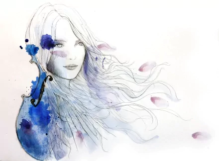 Artistic drawing of a woman with flowing hair in watercolor style, featuring blue and purple hues, designed as a 4K Ultra HD PC desktop wallpaper and background.