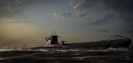 A dramatic HD wallpaper featuring a military submarine emerging through waves under a moody sky, capturing the essence of naval power and exploration.