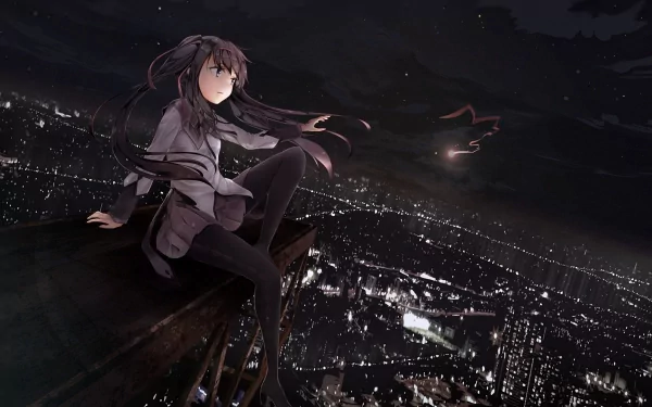 Anime character Homura Akemi from Puella Magi Madoka Magica wearing a skirt and thigh boots, sitting on a ledge overlooking a city at night. HD desktop wallpaper.