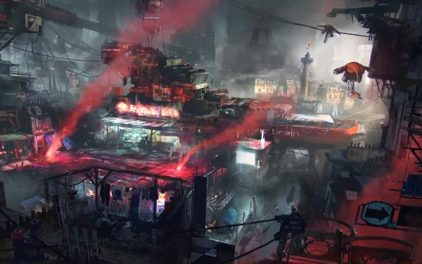 Remember Me video game 4K Ultra HD PC desktop wallpaper: sprawling dystopian cyberpunk cityscape at night with red neon smoke, stacked platforms, cranes and silhouetted figures.