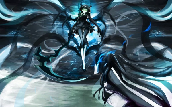 Dead Master from Black Rock Shooter anime, depicted in a dynamic 4K Ultra HD desktop wallpaper with dark, swirling energy and vivid blue highlights.