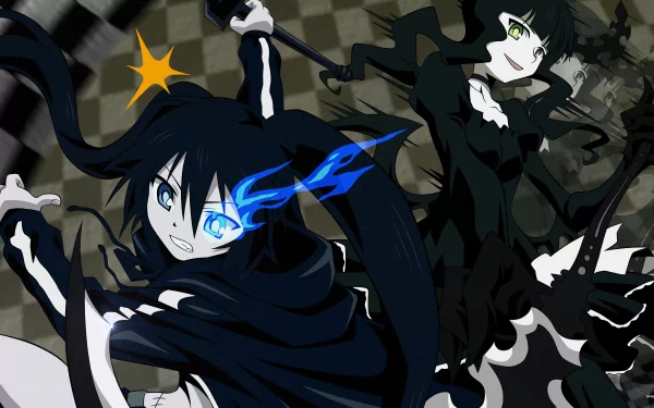 4K Ultra HD anime wallpaper featuring Dead Master and Black Rock Shooter in dynamic action poses with vivid blue flames and dark gothic tones.