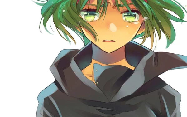 Emotive anime wallpaper: GUMI (Vocaloid) as Yowamushi/Coward Montblanc—green‑haired, teary‑eyed, hoodie‑clad song illustration HD PC desktop background