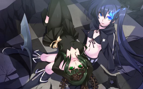 4K Ultra HD desktop wallpaper: Dead Master and Black Rock Shooter — two anime heroines lying back-to-back on a tiled floor; blue-eyed Black Rock Shooter, green-eyed Dead Master with horned headpiece.