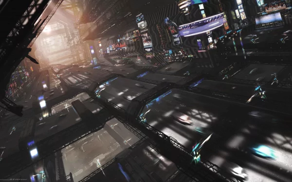 A dynamic cityscape in a cyberpunk style, featuring futuristic architecture and illuminated advertisements. This HD wallpaper captures a vibrant, otherworldly urban environment.