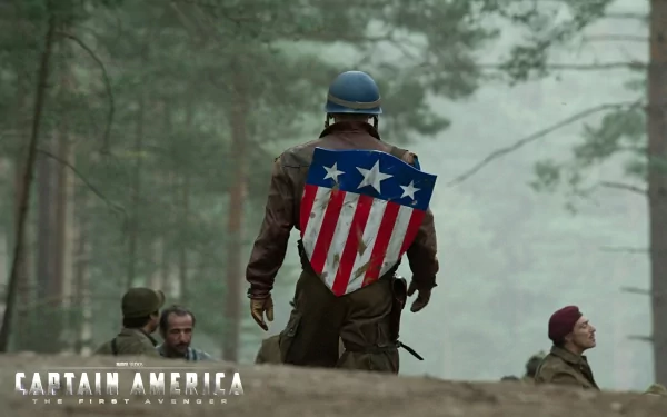 HD desktop wallpaper featuring Chris Evans as Steve Rogers, Captain America, from the movie Captain America: The First Avenger, standing with his iconic shield in a forest setting.