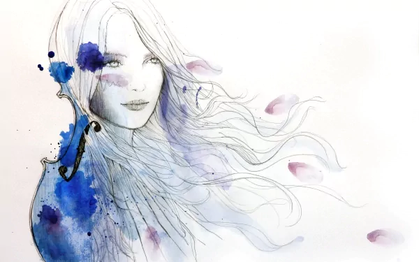 Artistic drawing of a woman with flowing hair in watercolor style, featuring blue and purple hues, designed as a 4K Ultra HD PC desktop wallpaper and background.