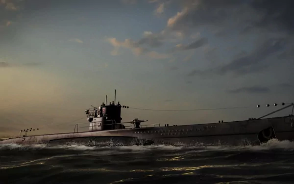 A dramatic HD wallpaper featuring a military submarine emerging through waves under a moody sky, capturing the essence of naval power and exploration.