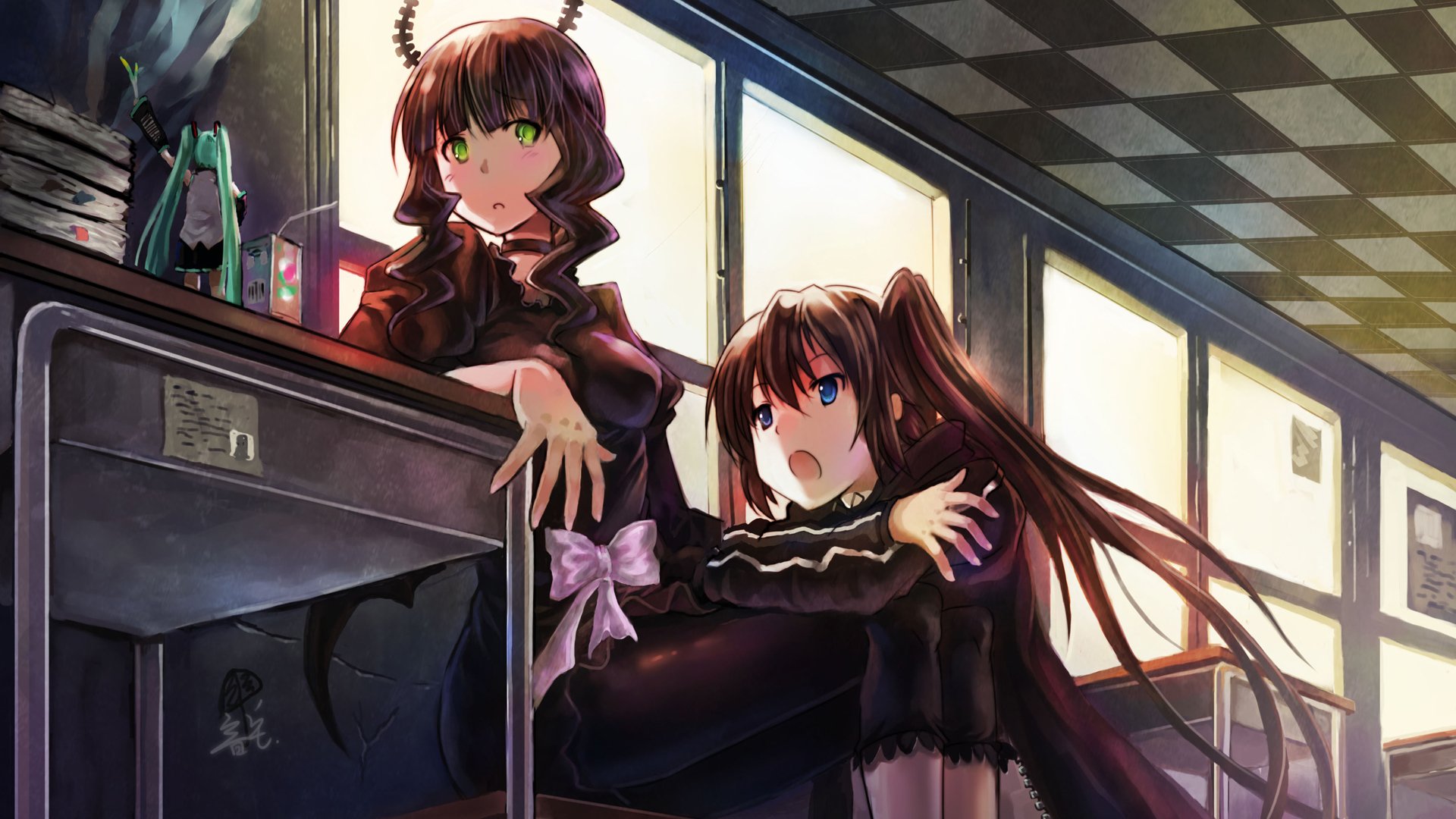 HD PC desktop wallpaper featuring Dead Master from the Black Rock Shooter anime, showcasing her with intense green eyes and dark gothic attire in a sunlit room.