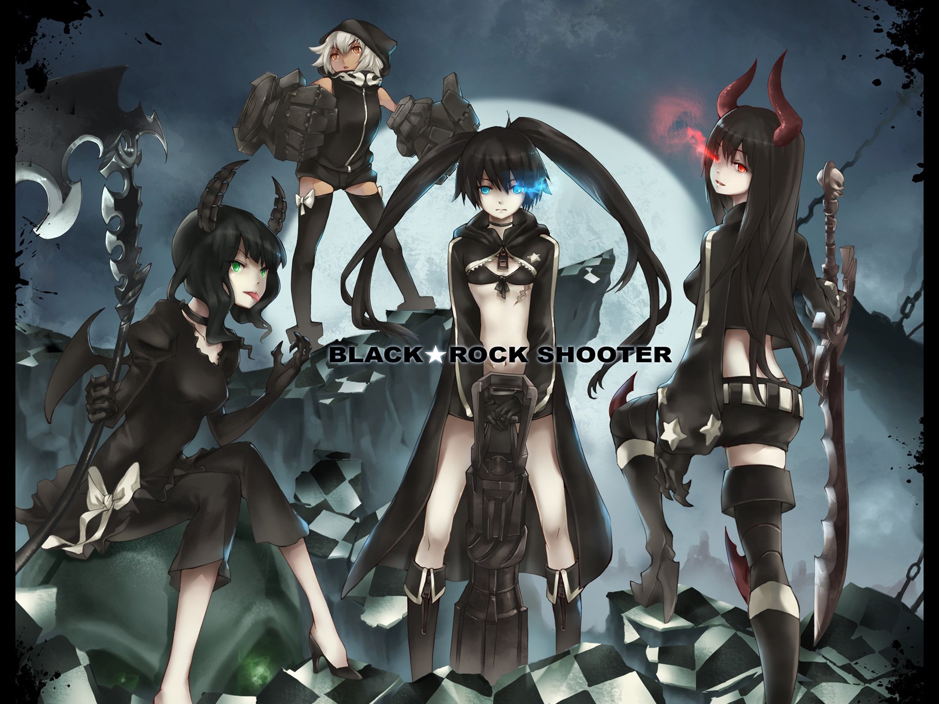 HD anime wallpaper featuring Black Rock Shooter characters Strength, Dead Master, and Black Gold Saw in a dark, dramatic setting.