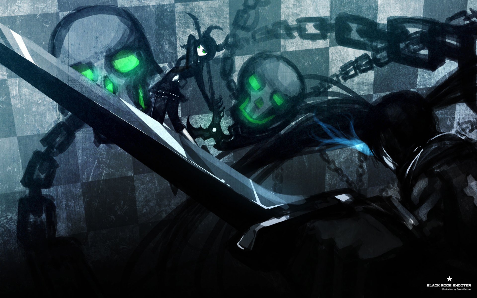 HD PC desktop wallpaper featuring Dead Master from Black Rock Shooter, showcasing dark anime art with glowing green eyes and heavy chains in a moody atmosphere.