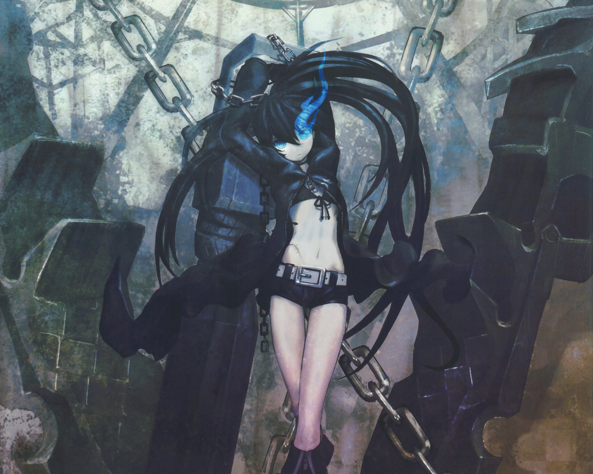 HD anime desktop wallpaper featuring Black Rock Shooter with her signature blue flame eye and dark, flowing outfit amidst a moody, industrial background.