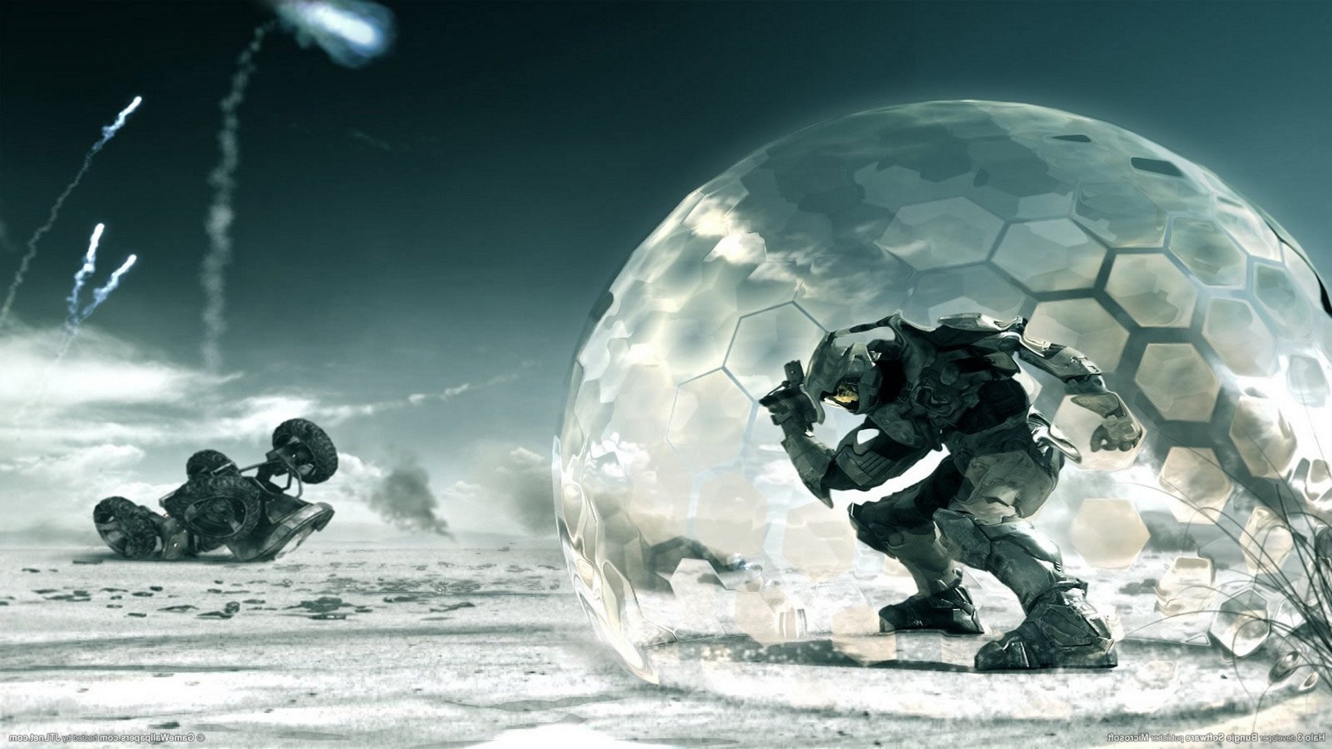 HD PC desktop wallpaper featuring a Halo video game scene with armored soldiers, one protected by a translucent hexagonal energy shield in a futuristic battlefield.