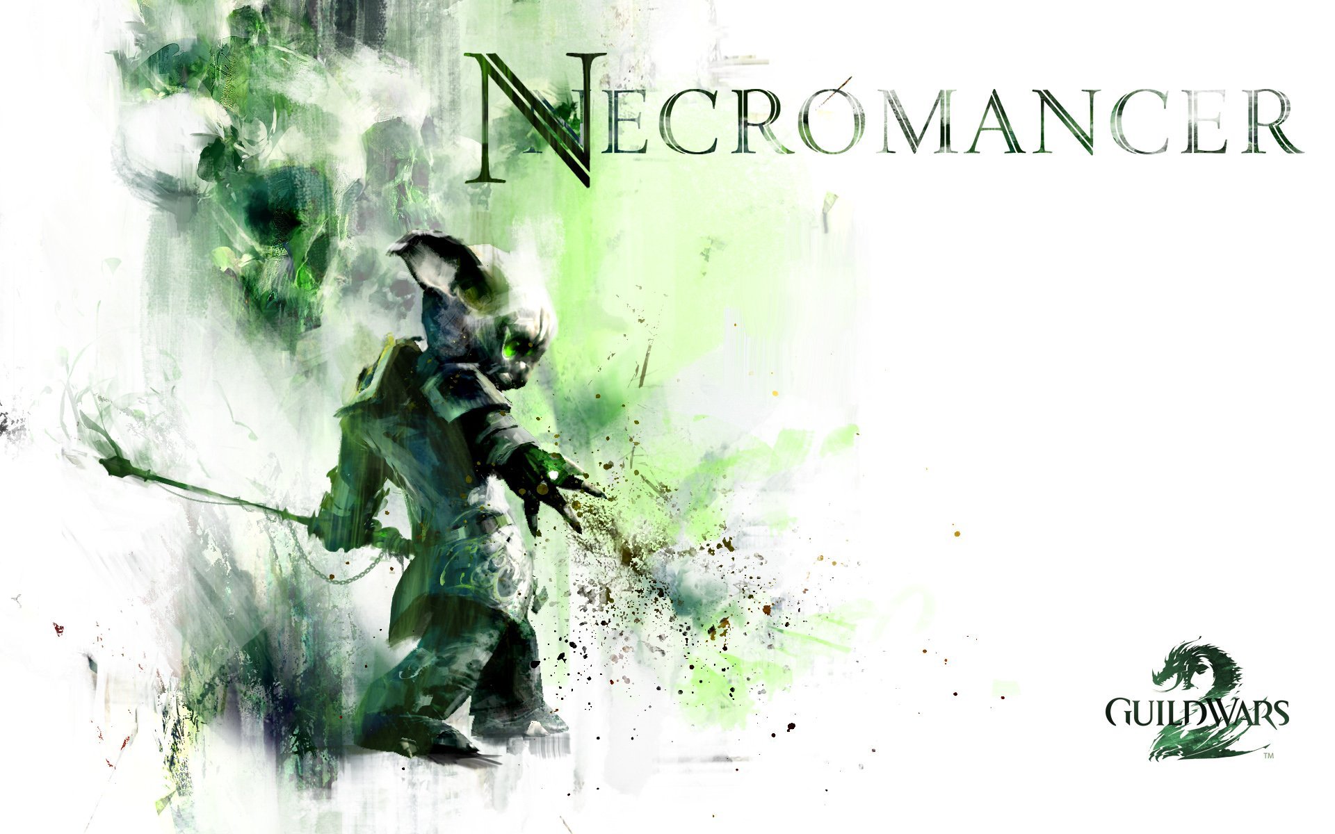 HD PC desktop wallpaper featuring a Necromancer character from the video game Guild Wars 2 with a green, ethereal artistic design.
