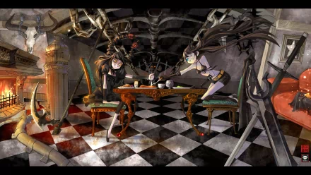 HD PC desktop wallpaper — anime: Dead Master and Black Rock Shooter sit opposite at a chessboard in a dark gothic room, skeletal chains and black-and-white checkered floor.