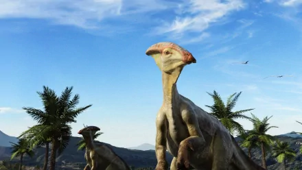 HD desktop wallpaper featuring a detailed depiction of extinct dinosaurs in a prehistoric landscape with palm trees and a clear blue sky.