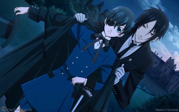 A striking HD desktop wallpaper featuring characters from the anime Black Butler, showcasing a dramatic night scene with deep colors and a captivating atmosphere.