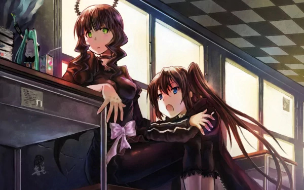 HD PC desktop wallpaper featuring Dead Master from the Black Rock Shooter anime, showcasing her with intense green eyes and dark gothic attire in a sunlit room.