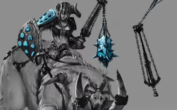 HD PC desktop wallpaper featuring Sejuani from League of Legends, depicted in battle armor wielding a flail and shield, set against a grayscale background.