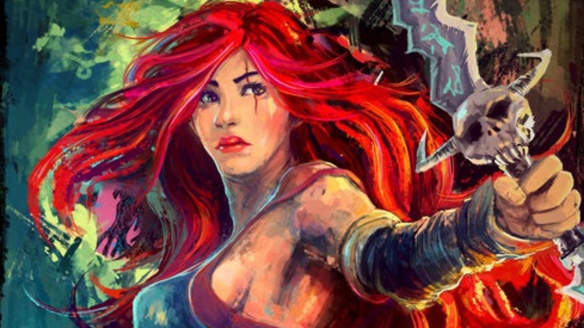 A striking fantasy-themed HD wallpaper featuring a fierce woman warrior with vibrant red hair, wielding a weapon, set against a mystical background.
