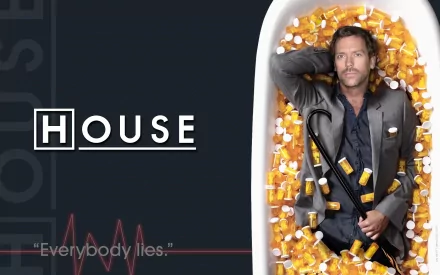 HD desktop wallpaper featuring Hugh Laurie as Gregory House from the TV show House, lying in a bathtub filled with pill bottles. The text reads, Everybody lies.