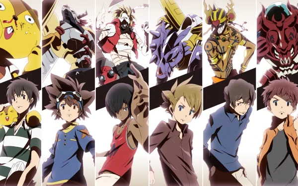 A dynamic HD wallpaper featuring characters Yamato Ishida, Taichi Yagami, and Izzy Izumi alongside their Digimon, Megakabuterimon and Metalgarurumon, in an engaging anime crossover design.