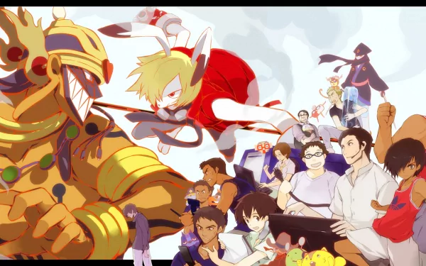 HD PC desktop wallpaper featuring characters from the movie Summer Wars in vibrant action poses against a cloudy sky background.