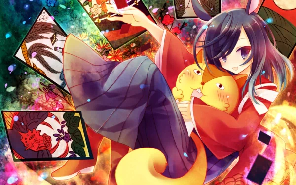 HD PC desktop wallpaper featuring a vibrant scene from the movie Summer Wars with a girl holding two yellow chicks surrounded by colorful cards and dynamic lighting.