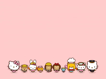 HD desktop wallpaper featuring Hello Kitty and friends in various costumes against a pastel pink background.