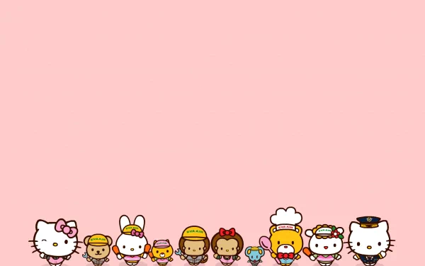 HD desktop wallpaper featuring Hello Kitty and friends in various costumes against a pastel pink background.