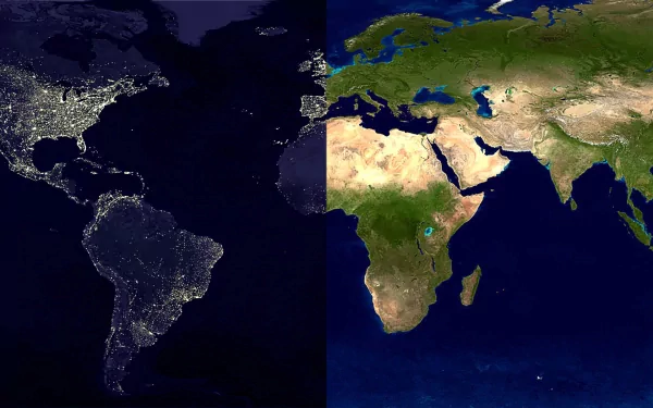 HD world map desktop wallpaper showing a contrast between nighttime lights on the left and daytime geography on the right.