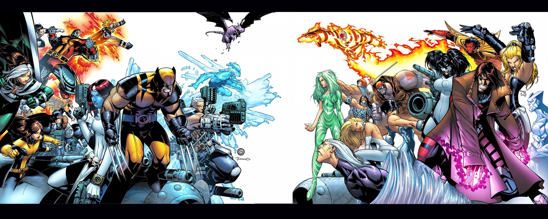HD PC desktop wallpaper featuring Wolverine and other Marvel Comics characters in a dynamic comic-style battle scene.