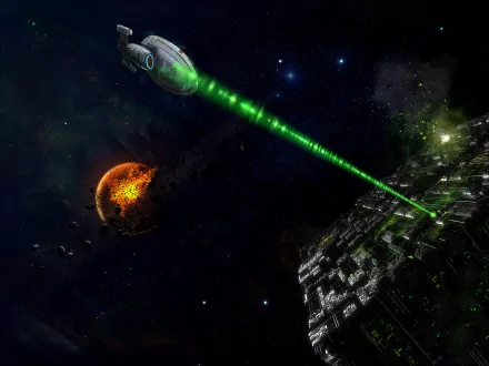 A dramatic scene from Star Trek: The Original Series, showcasing a Federation ship firing a green laser at a Borg cube amid a backdrop of destruction and an exploding planet.