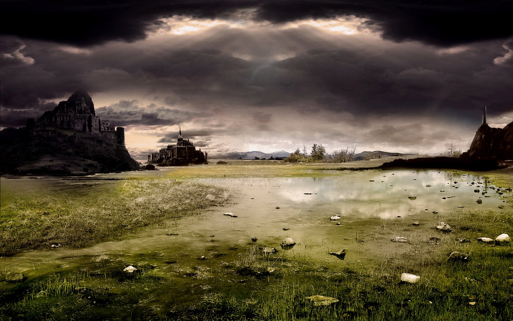 HD fantasy city desktop wallpaper and background featuring an ominous, stormy sky above a serene landscape with ancient ruins and a reflective pond.