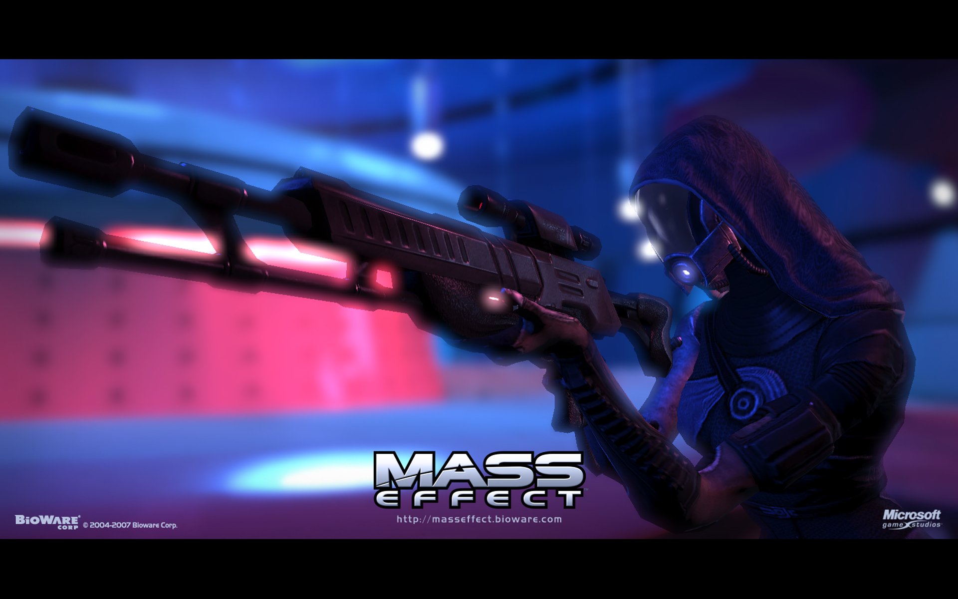 HD PC desktop wallpaper of Tali'Zorah from the video game Mass Effect, featuring her aiming a sniper rifle in a futuristic setting with vibrant blue and pink lighting.