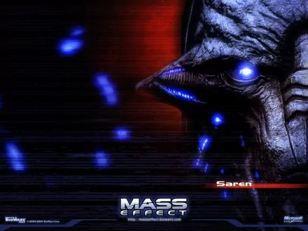 HD PC desktop wallpaper/background: close-up of Saren Arterius from the Mass Effect video game — battle-damaged synthetic face with a glowing blue eye, red backdrop and drifting blue particles.