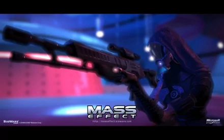 HD PC desktop wallpaper of Tali'Zorah from the video game Mass Effect, featuring her aiming a sniper rifle in a futuristic setting with vibrant blue and pink lighting.