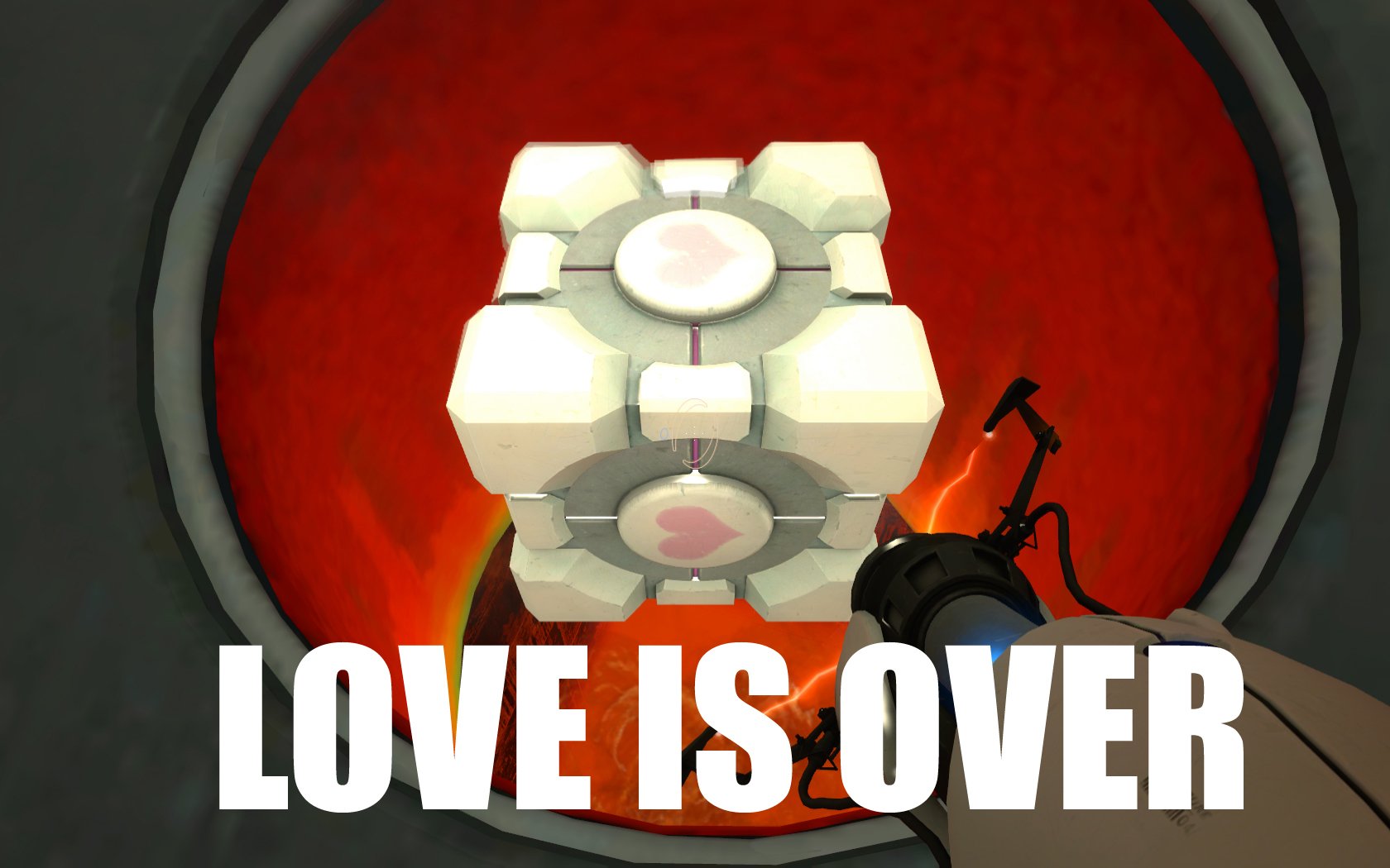 HD desktop wallpaper featuring the Companion Cube from the Portal video game series, set against a glowing red background with the text LOVE IS OVER.