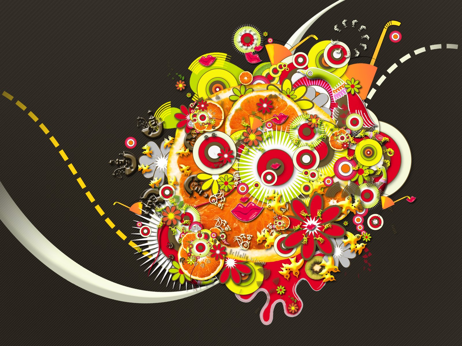 HD desktop wallpaper featuring a vibrant, artistic vector design with swirling patterns, colorful circles, and abstract floral elements on a dark background.