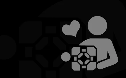 HD wallpaper of the video game Portal, featuring a minimalist design with a stick figure holding a companion cube and a heart symbol.