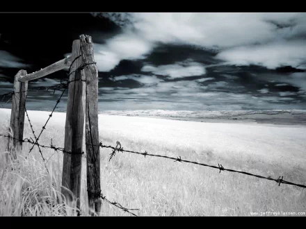 HD wallpaper of a farm landscape featuring a weathered wooden fence with barbed wire stretching across an open field under a partly cloudy sky.