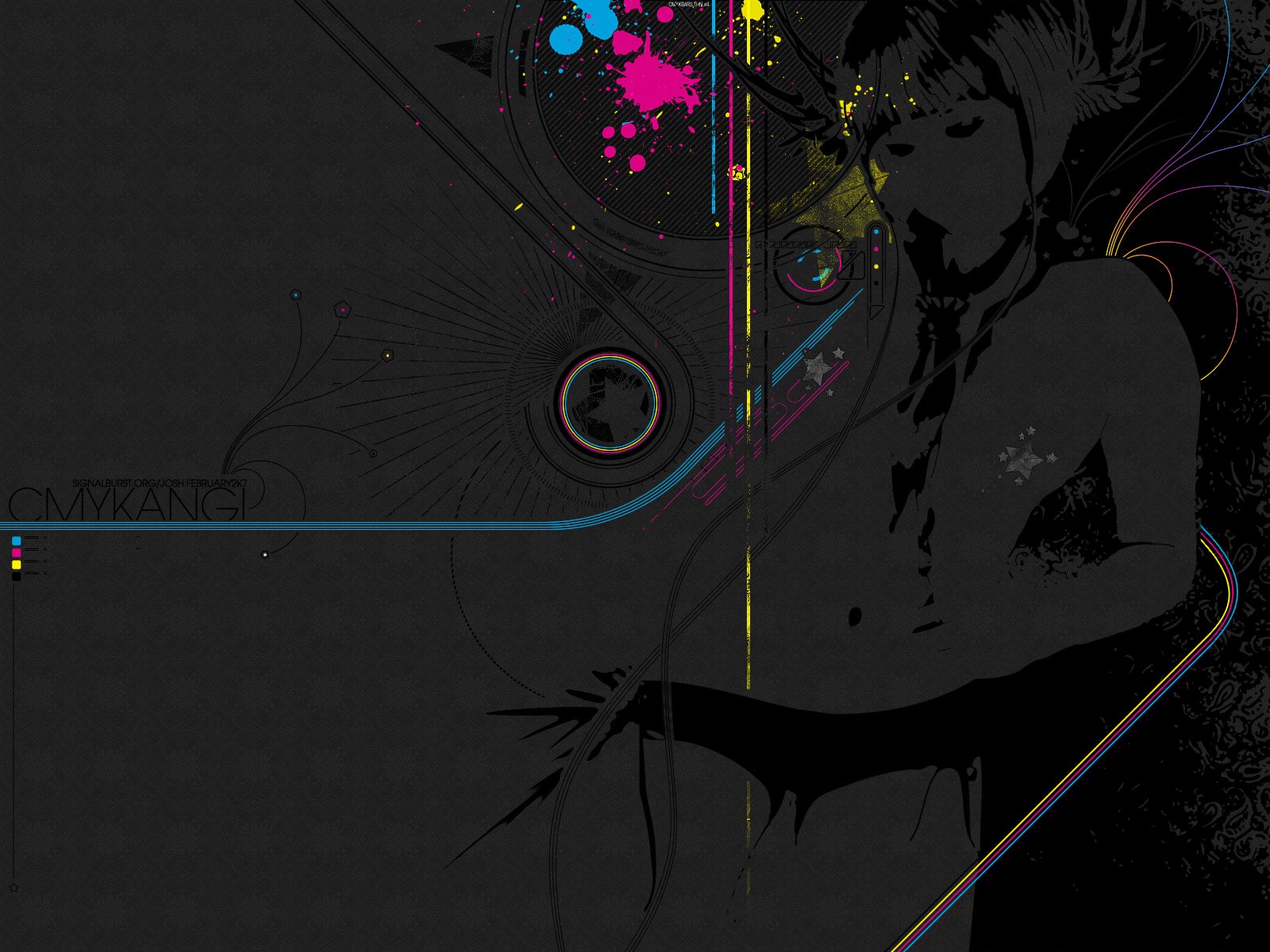 An artistic, vector-style HD desktop wallpaper featuring abstract shapes, vivid colors, and a shadowy figure on a dark background.