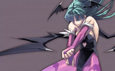 HD desktop wallpaper featuring Morrigan Aensland from the video game Darkstalkers. Morrigan is depicted in her iconic black and pink outfit with bat wings against a solid background.