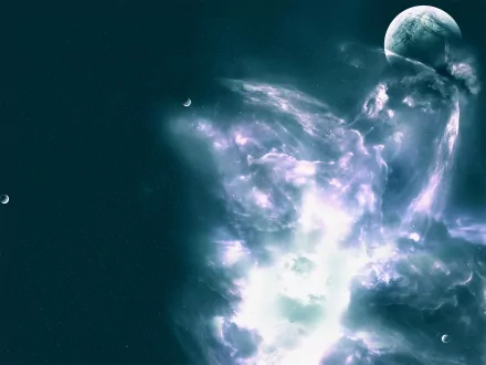 HD Sci-Fi desktop wallpaper featuring a stunning view of an alien planet bathed in ethereal, glowing clouds against a dark cosmic background.