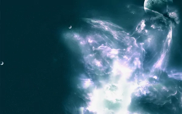 HD Sci-Fi desktop wallpaper featuring a stunning view of an alien planet bathed in ethereal, glowing clouds against a dark cosmic background.