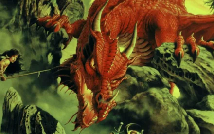 An HD desktop wallpaper and background image depicting a dramatic fantasy scene with a fierce red dragon amidst rocky terrain. A warrior brandishes a sword in confrontation.