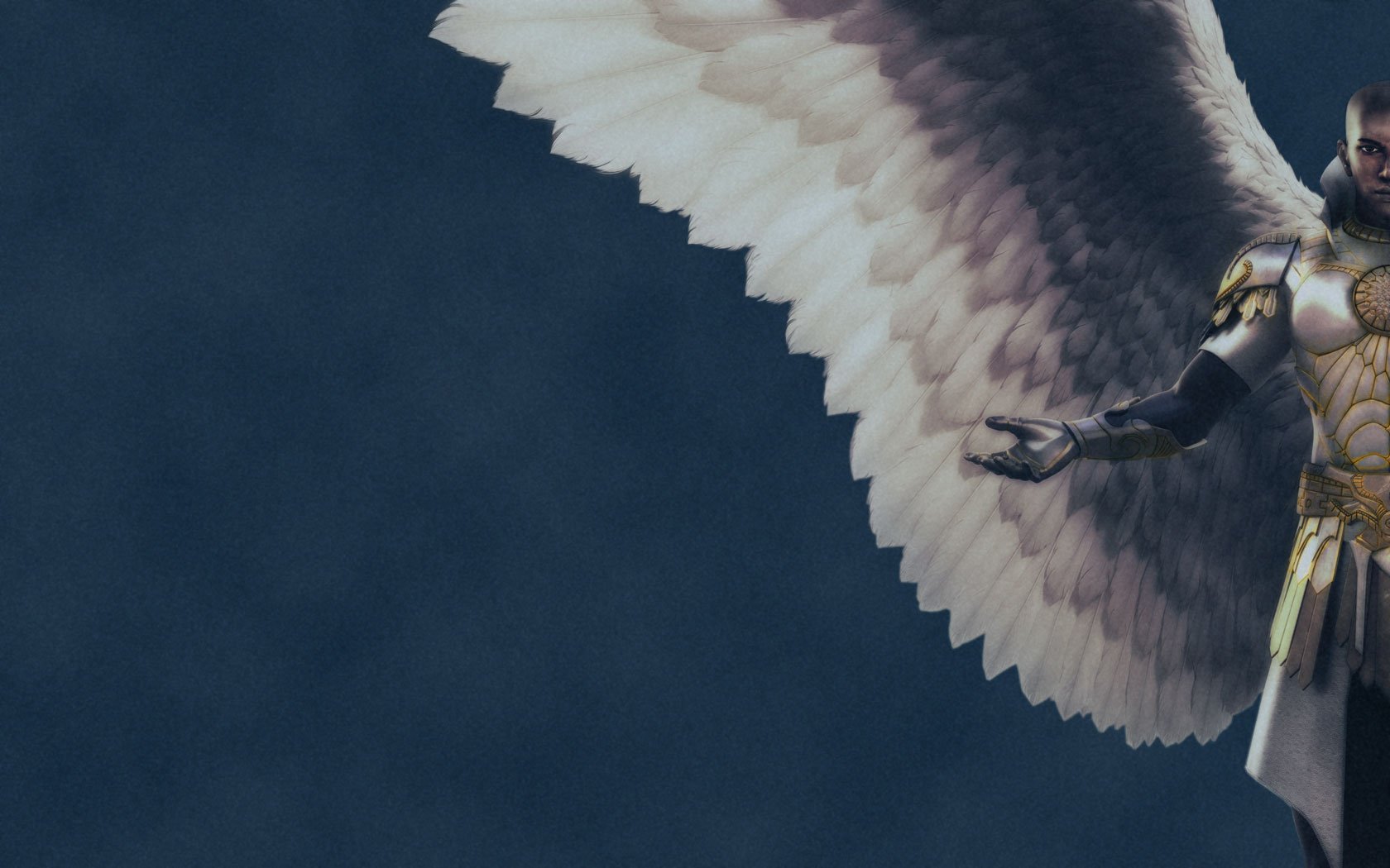 HD PC desktop wallpaper featuring a winged armored character from the video game Guild Wars against a dark blue background.