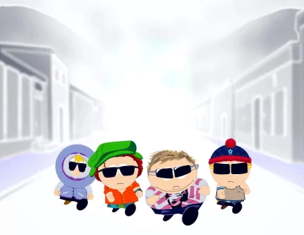 A vibrant HD wallpaper featuring iconic characters Eric Cartman, Kyle Broflovski, Stan Marsh, and Kenny McCormick from the TV show South Park, set against a stylized background.