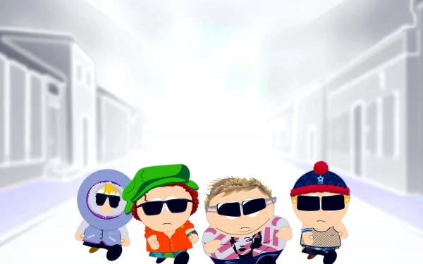 A vibrant HD wallpaper featuring iconic characters Eric Cartman, Kyle Broflovski, Stan Marsh, and Kenny McCormick from the TV show South Park, set against a stylized background.
