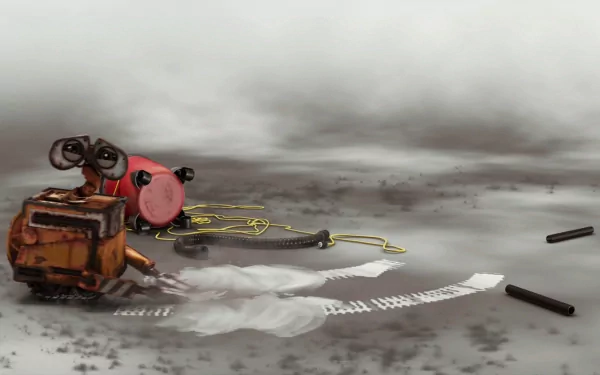 A picturesque HD wallpaper featuring Wall·E, showcasing the robot amidst a barren landscape, surrounded by scattered debris and tracks, evoking a sense of solitude and exploration.